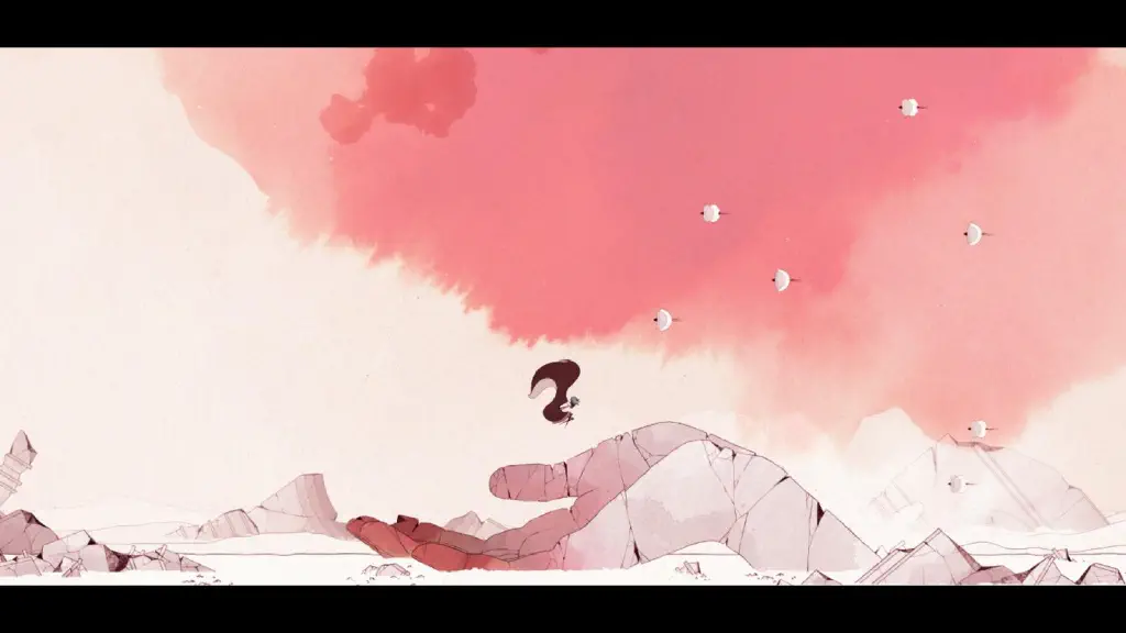 girl floating over rubble statue hand with red watercolor wash background