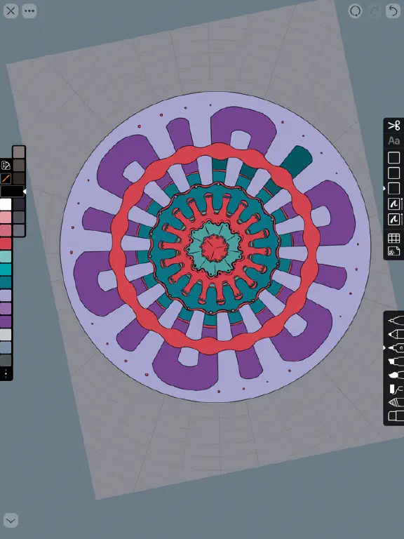 Radial symmetry drawing with red, green, and purple color fills 