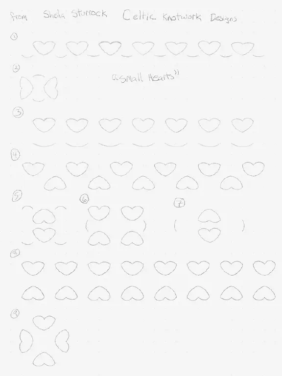 Drawing with regions laid out for assorted knotwork images; handwritten text reads «from Sheila Sturrock Celtic Knotwork Designs &ldquo;Small Hearts&rdquo;»