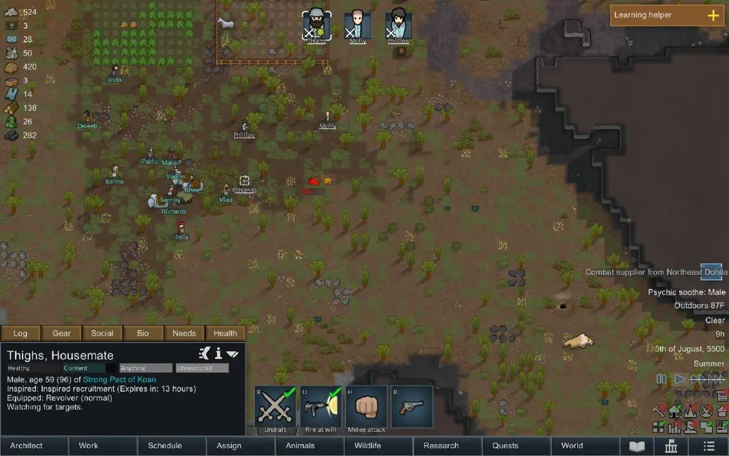 Rimworld screenshot: three colonists and half a dozen others simultaneous fire on a red spray labeled &ldquo;Gordon&rdquo;