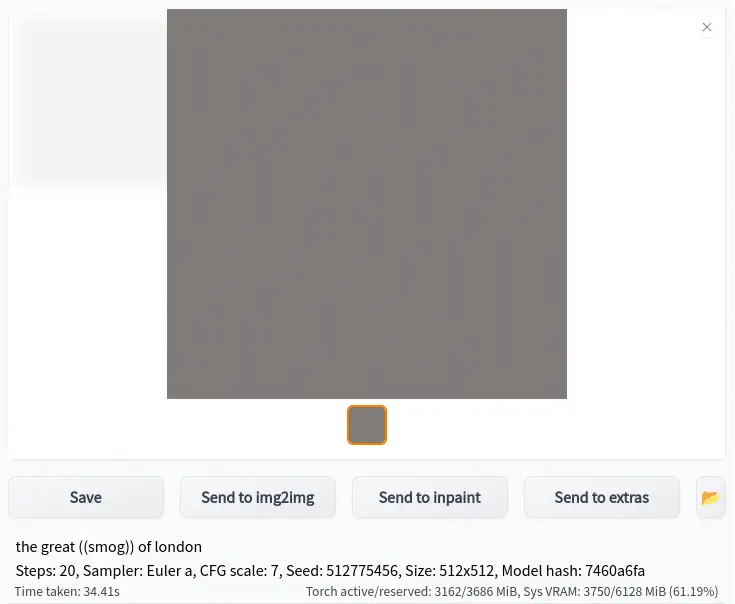 a flat gray square; prompt text: &ldquo;the great ((smog)) of london&rdquo;