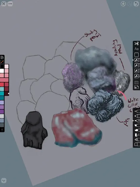 Drawing of assorted rocks drawn with pencil, pen, and watercolor brushes