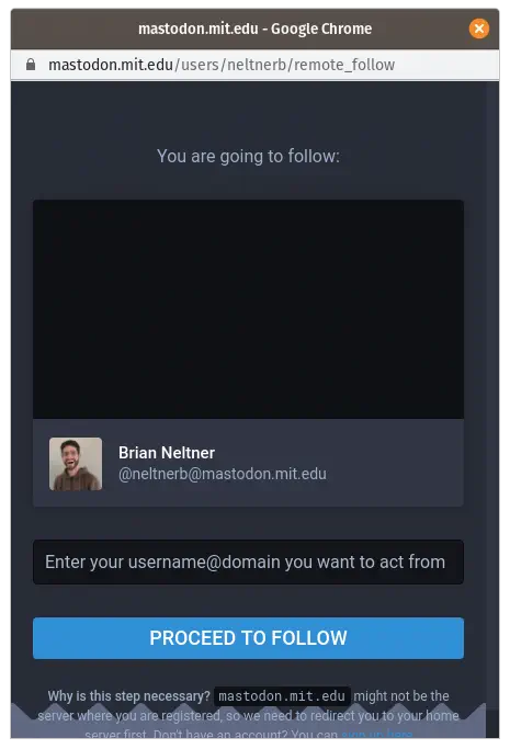 remote follow form requesting my handle