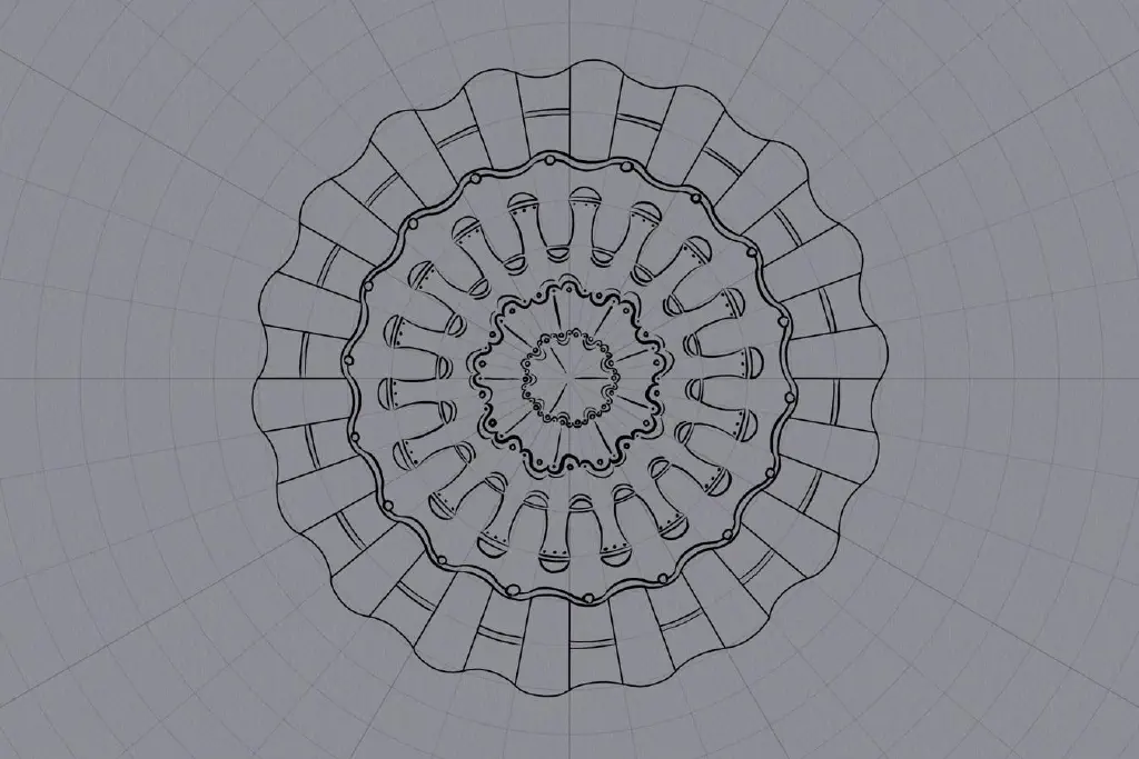 Circular symmetry line drawing the vaguely resembles a fossilized microscopic algae