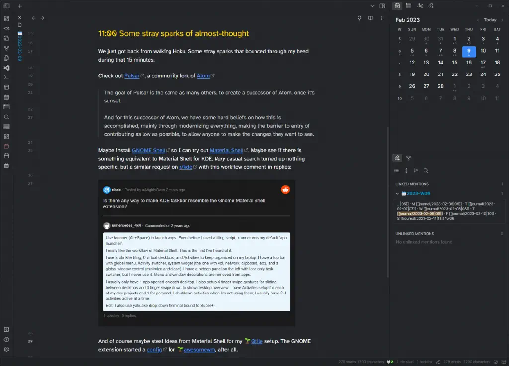 Obsidian showing my quick notes about mostly nerdy Linux window manager things I want to look at; everything is nicely formatted rich text, and there’s an embedded comment from Reddit describing someone’s KDE setup.