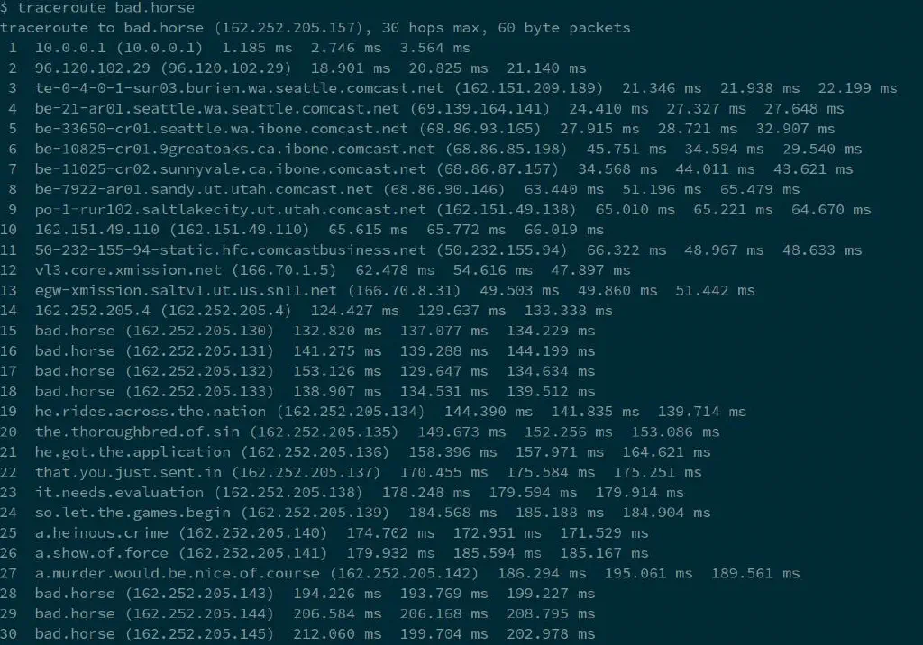 output of traceroute with each stop being a phrase from a once-popular musical