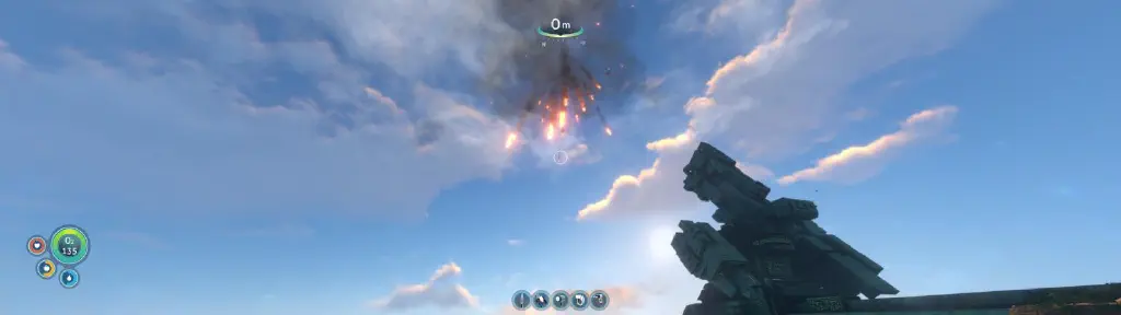 a building that kind of looks like a gun angled at the sky; in the background, flaming pieces of rescue ship scatter and fall