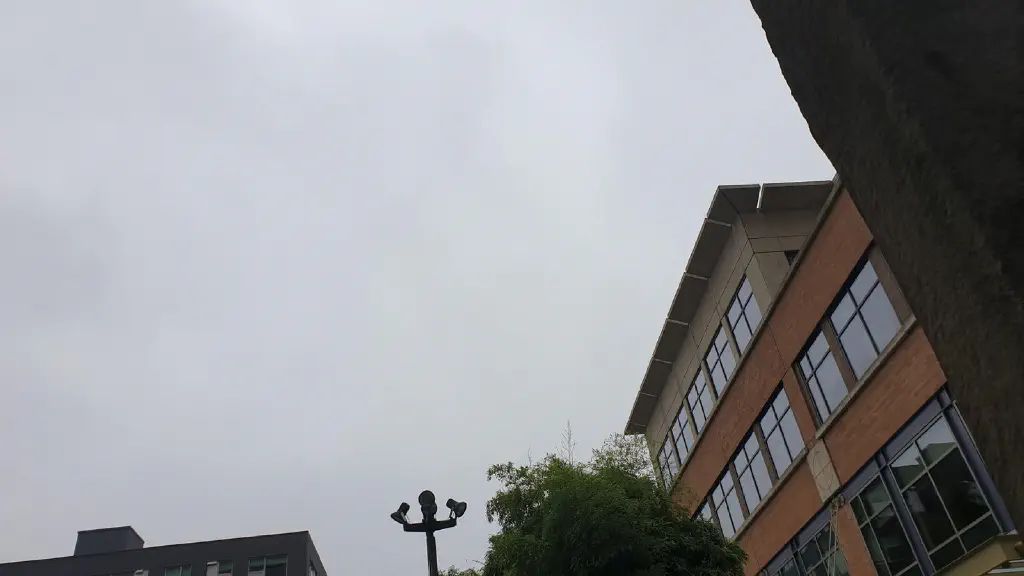 Overcast sky with nearby buildings in extreme perspective