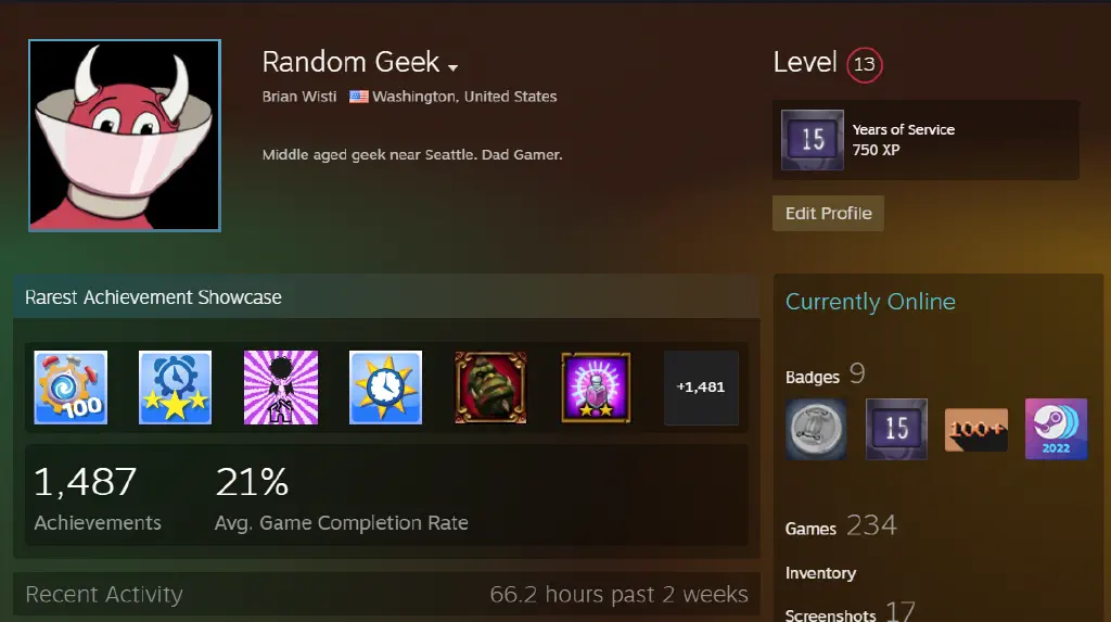 New handle is “Random Geek”’; new description is “Middle aged geek near Seattle. Dad Gamer”; avatar is a cartoonish drawing of a cute demon wearing a “cone of shame” common to injured pets