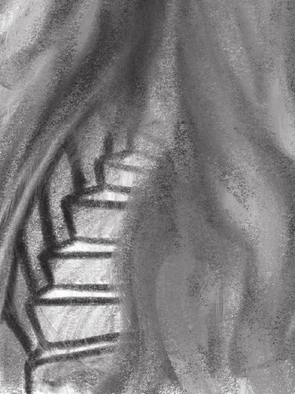 Cartoony drawing of stairs obscured by fog or smoke