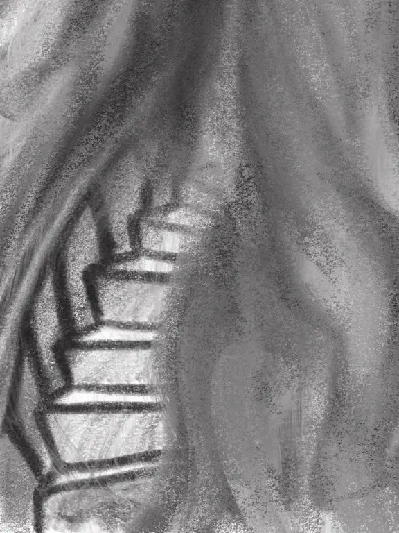Cartoony drawing of stairs obscured by fog or smoke
