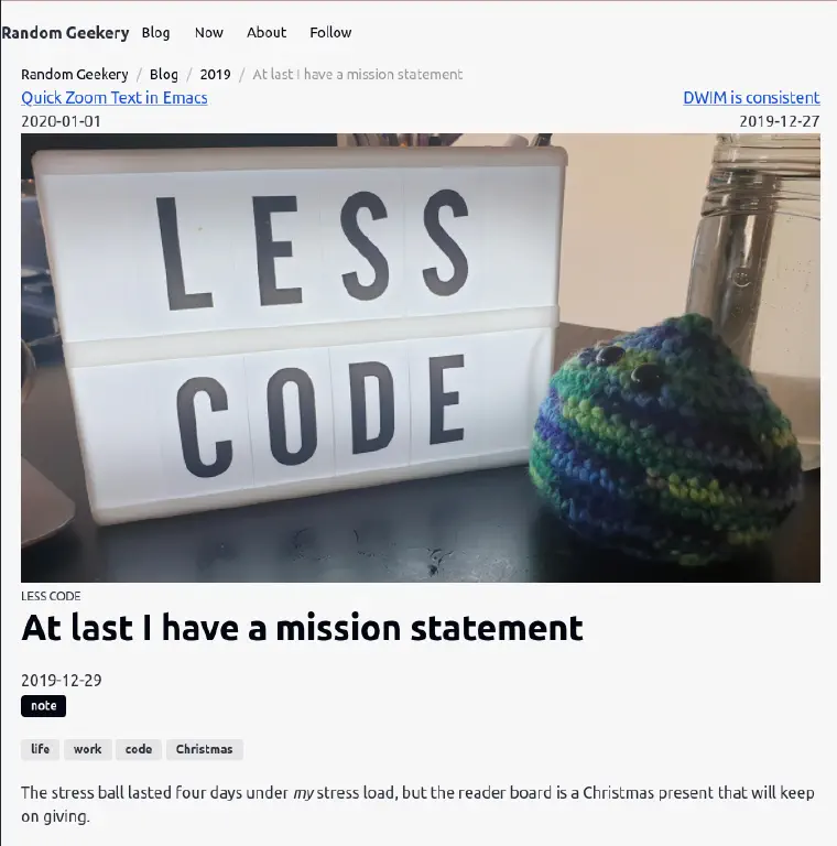Screenshot of an old blog post containing a cover image that itself is a mini-readerboard saying “LESS CODE”