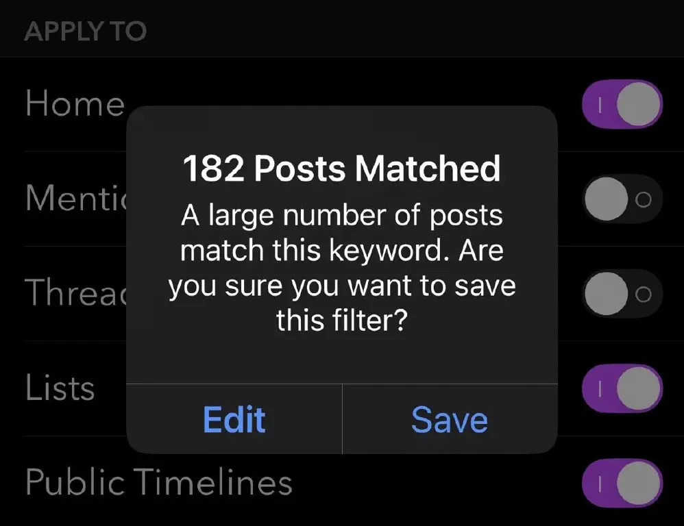 Ivory app alert saying “182 Posts Matched. A large number of posts match this keyword. Are you sure you want to save this filter?” The filtered keyword is not visible in this cropped view