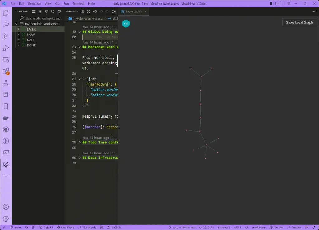 VS Code showing a very small note graph and some task classifications.