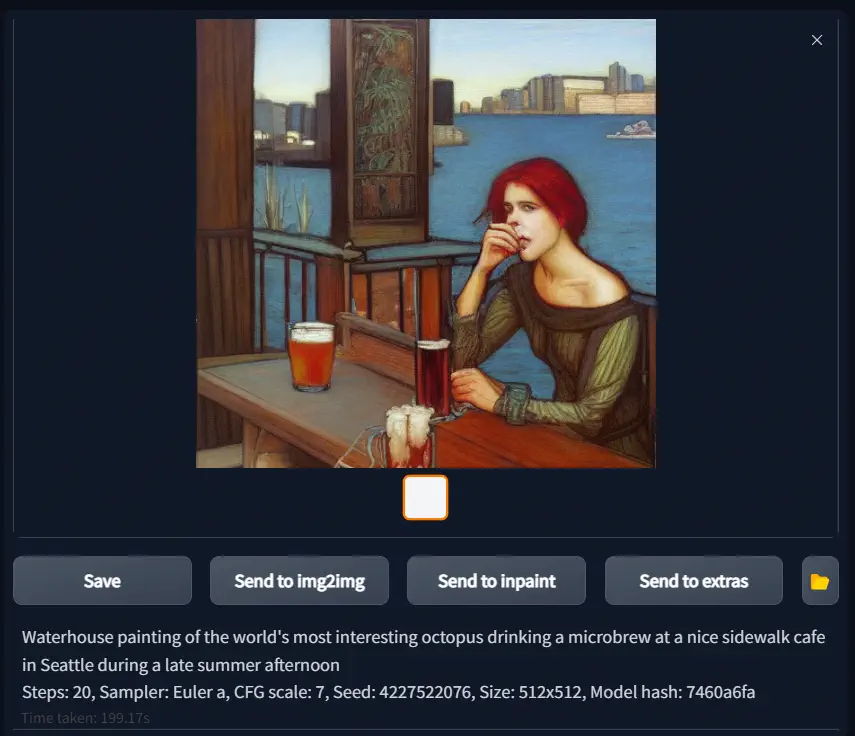 screenshot of stable diffusion web ui; prompt: “Waterhouse painting of the world’s most interesting octopus drinking a microbrew at a nice sidewalk cafe in Seattle during a late summer afternoon”; image: A woman reminiscent of Waterhouse paintings, holding a dark beer, near an unattended IPA at a bar on maybe a covered porch; background is a non-specific city waterfront with an octopus maybe