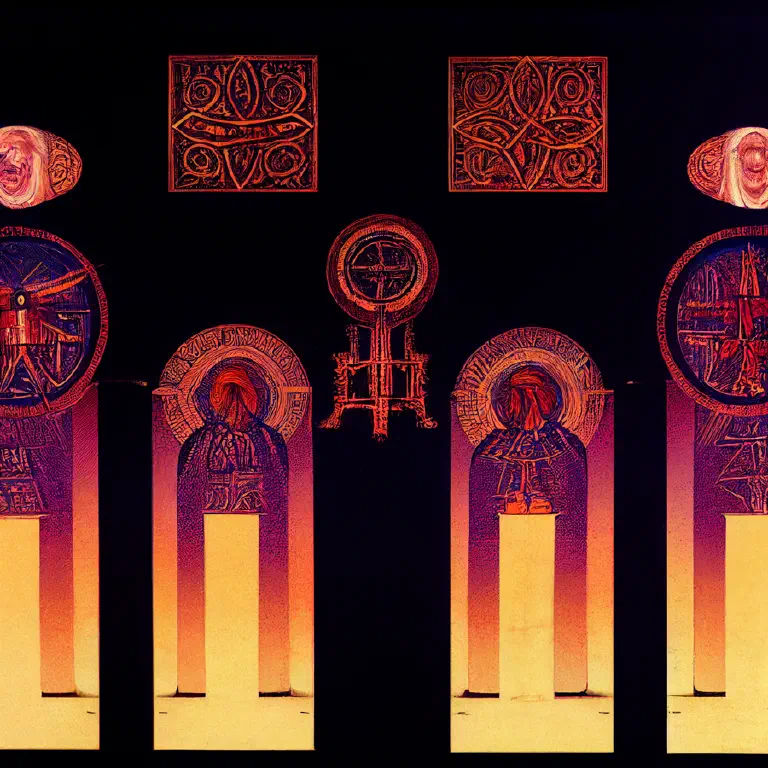 purple and yellow sort of celtic imagery with figures in pillars?
