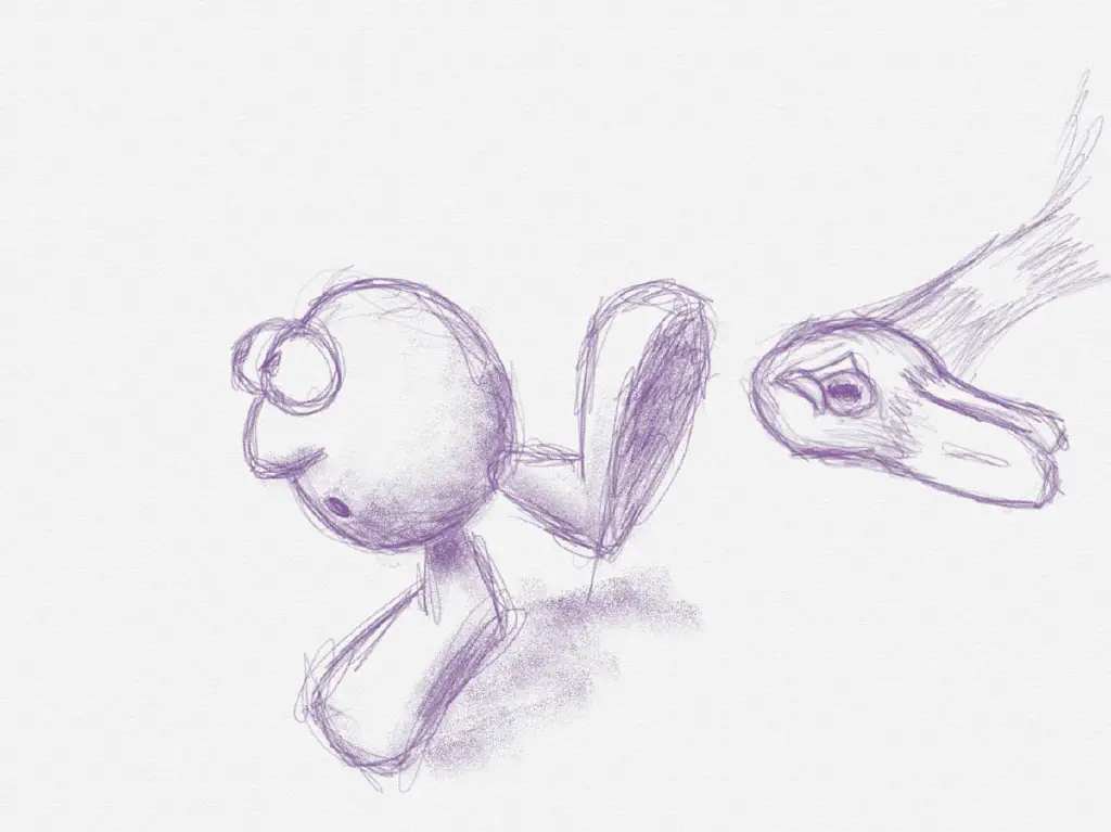 Purple pencil sketch on white background; a cartoon head with legs and huge feet, looking concernedly off to the side; from the other side something that looks vaguely like an irritated duck leans in