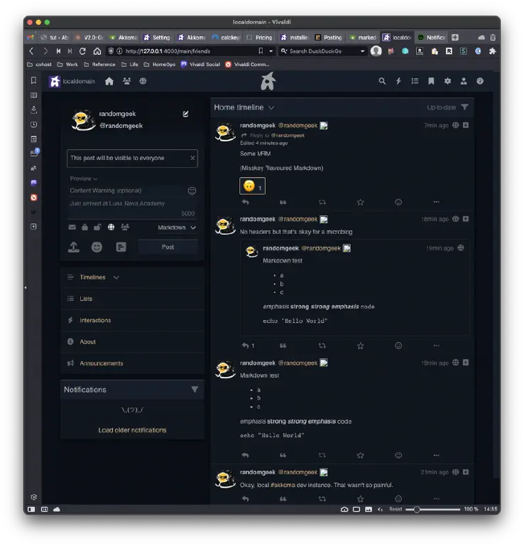 Twitter-like view with various formatting and display features of Akkama