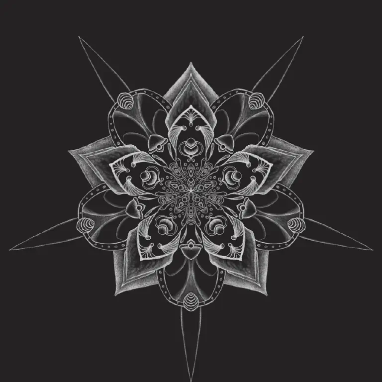 White vaguely Art Deco floral line drawing on a black background
