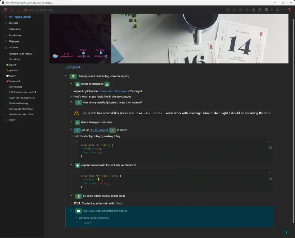 showing link favicons and highlighted quote tag block against the Things theme in dark mode