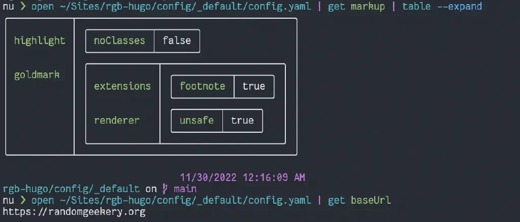 extracting my Hugo Web site&rsquo;s configuration details with Nushell one-liners.