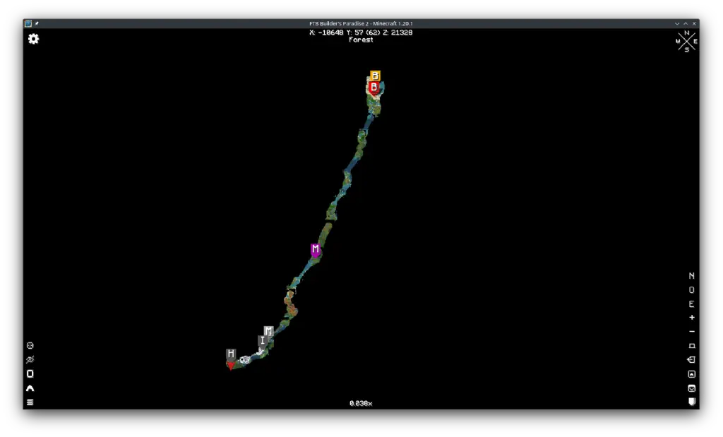 A Minecraft map rendered by the Xaero mod, showing a long narrow strip of explored territory, with waypoint markers near the top, middle, and bottom; a coordinate legend indicates current coordinates: x -10648, y 57, z 21328