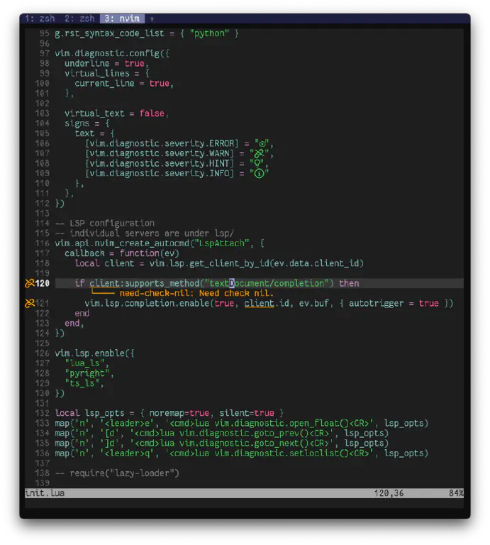 Lua code for my Neovim config, showing symbols in gutter column where there are warnings, and the warning for the current line displayed below, with line indicating where the error is.