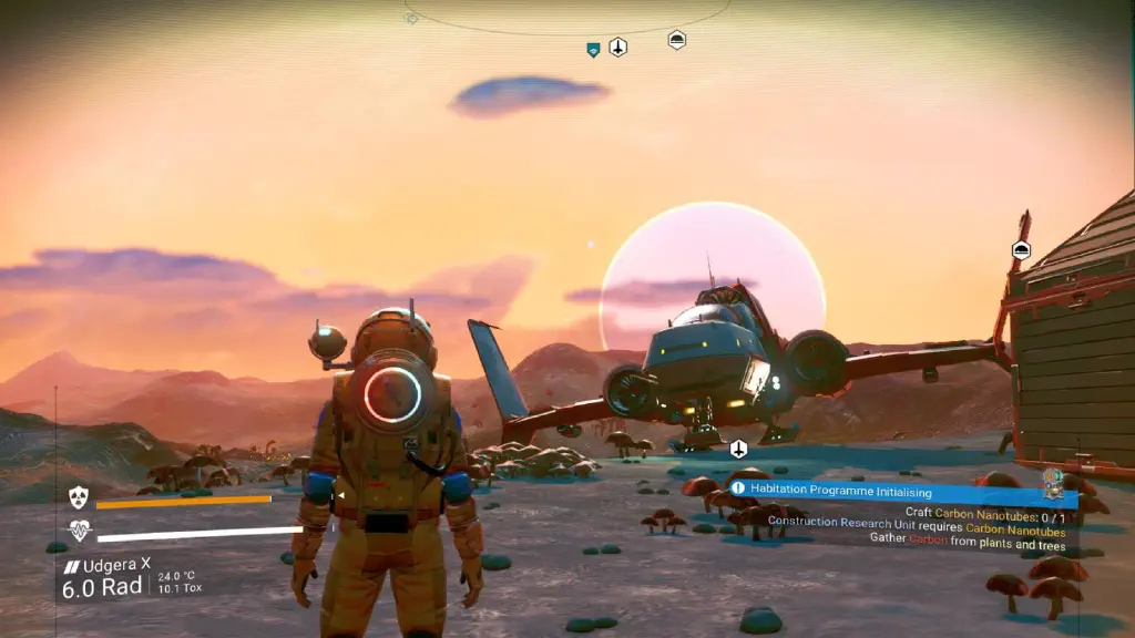 No Man&rsquo;s Sky screenshot with landed ship shown slightly askew.