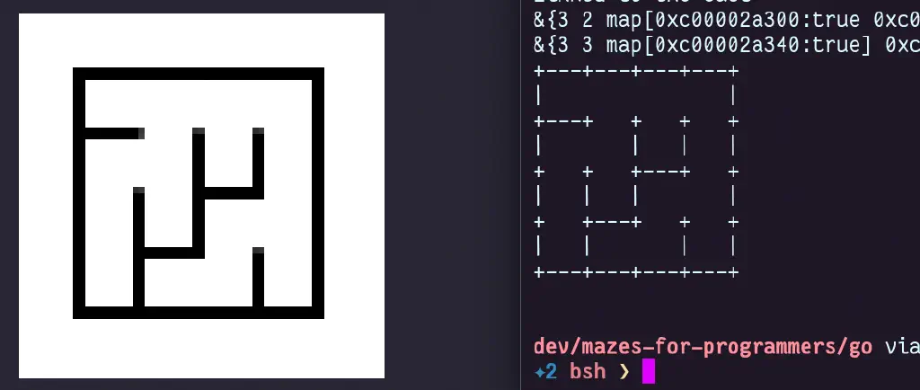 a black and white bitmap maze next to an ASCII rendering of the same maze