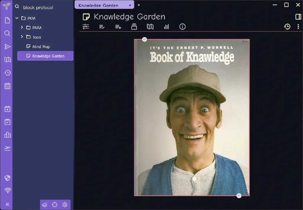 Note titled “Knawledge Garden” prominently displaying the cover of “IT’S THE ERNEST P. WORRELL BOOK OF KNAWLEDGE”
