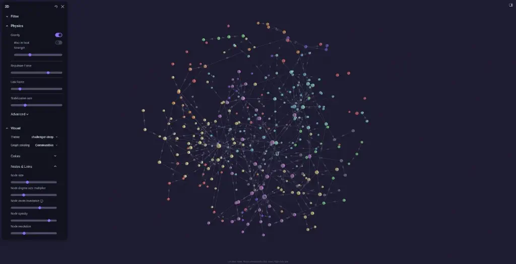 org-roam-ui screenshot with spheres of many colors, connected by directional lines to each other in a web-like structure