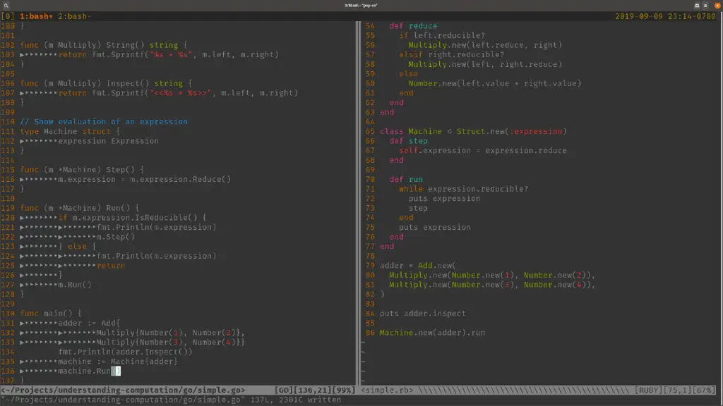Vim screenshot, split between Go and Ruby versions of initial exercise code