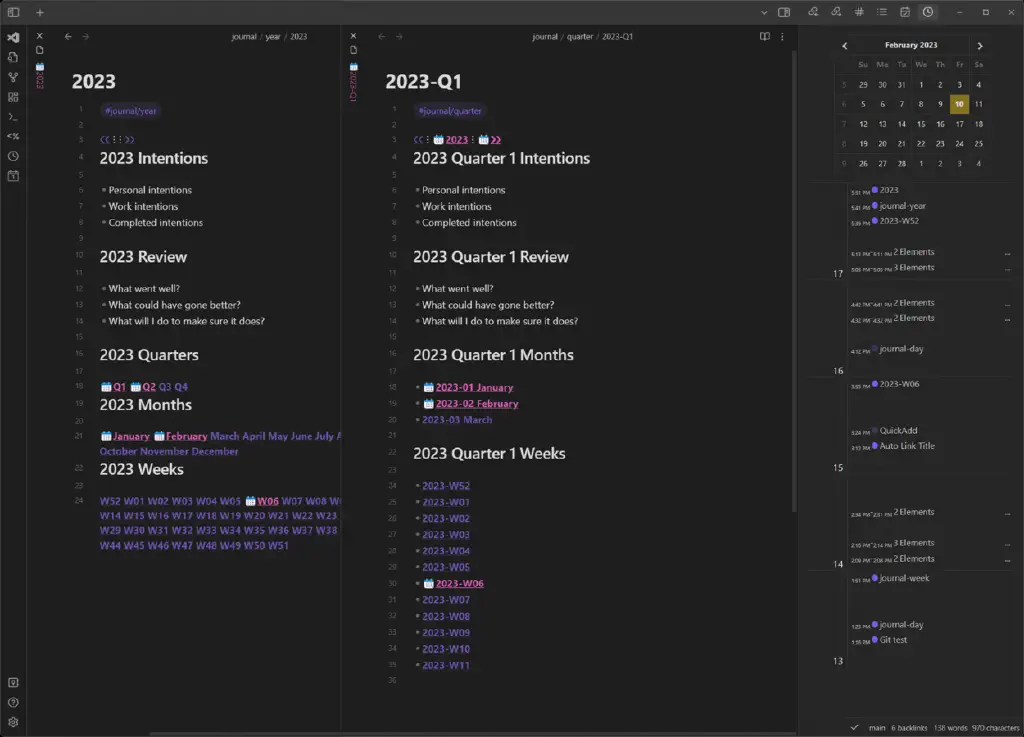 Generated journal indexes for year 2023 and Q1 2023 in Obsidian