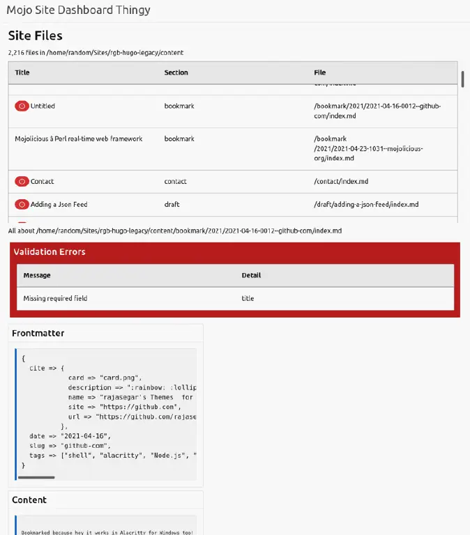 Screen shot of “Mojo Site Dashboard Thingy” without much useful info. Some entries are marked with red icons and there’s some text describing details and validation errors for one entry