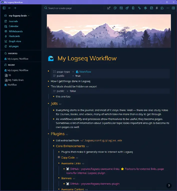 Logseq view of my workflow notes, with some of the features described in post text
