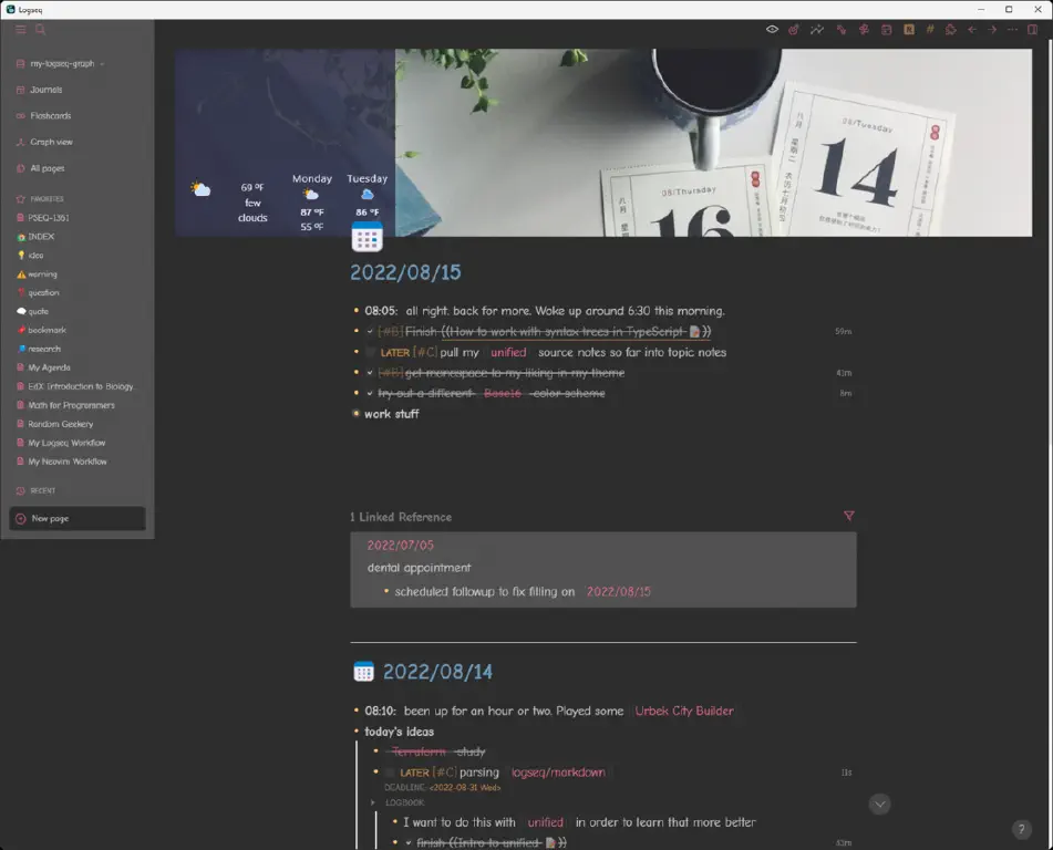 Logseq journal page using brown-tinted &ldquo;espresso&rdquo; base16 color scheme