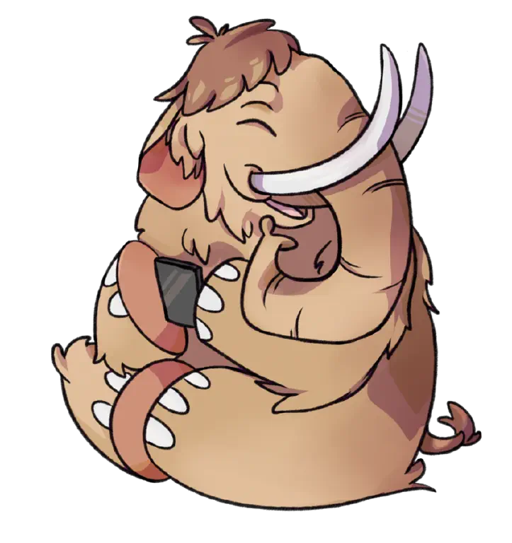 Cartoon mastodon holding a cell phone