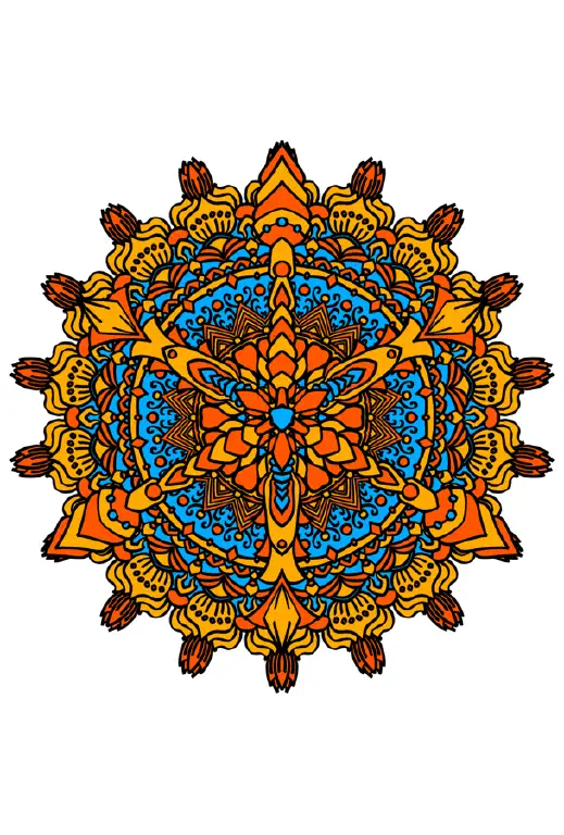 Orange red and blue starburst with floral elements, lined with a thick black brush