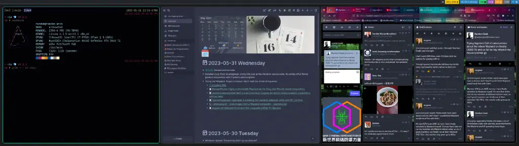 terminal with system info, Logseq with Wayland links, and Firefox with hackers.town view