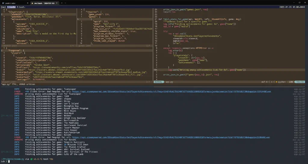 split terminal; on top is an editor session showing Steam data as JSON and some Python code for fetching game stats; on bottom is logged output of the script execution, fetching achievements for games and faking it when the game has none