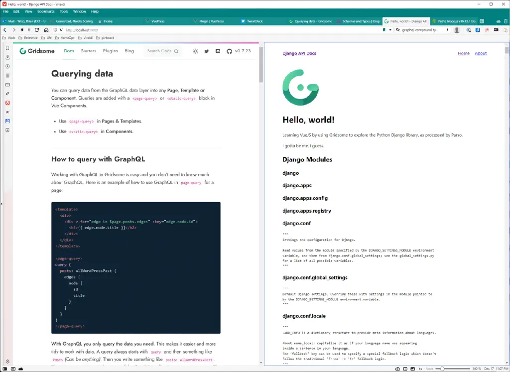 screenshot of browser with window split between showing Gridsome “Querying data” documentation and a rudimentary Django API browser on the other side.