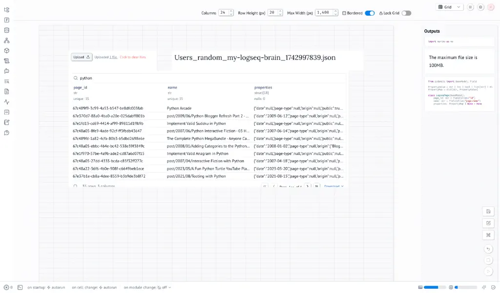 an interactive code notebook showing upload widget, a long JSON filename, and a DataFrame table listing Logseq notes; the table includes a search component which is currently filtering the list to matches for &ldquo;Python&rdquo;