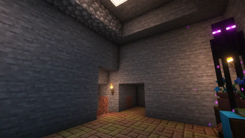 A well-lit underground room with tiled wooden floors and an Enderman staring casually at the player