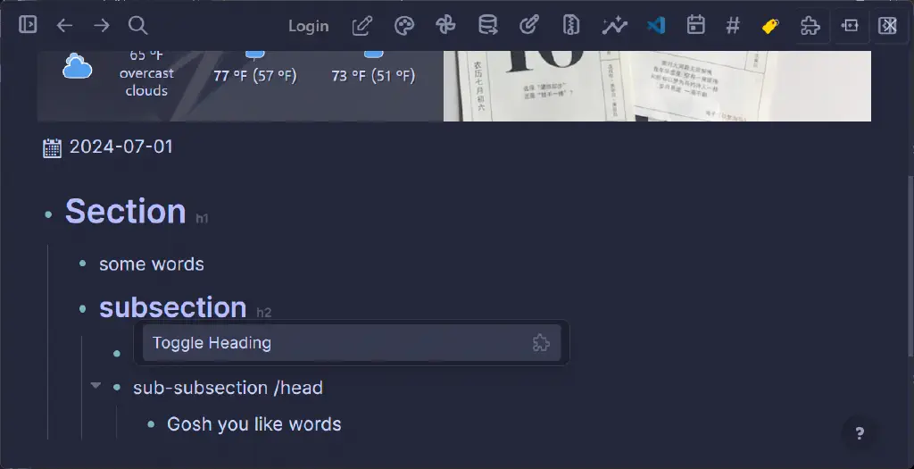 Logseq zoomed in on a section outline with headings sized according to how deeply nested they are; a line labeled “sub-subsection” has text from typing “/head” and a context menu that shows the single option “Toggle Heading”