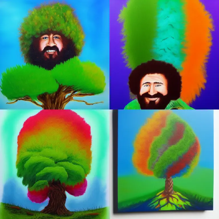 four pictures. Two of them are painted trees, the other two are a beardy dude in front of or maybe wearing a green bush as a hat?