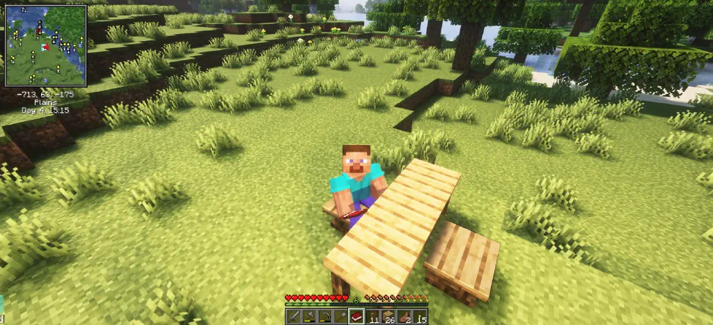 Minecraft dude sitting on a bench at a table, neither of which are part of the core Minecraft experience.