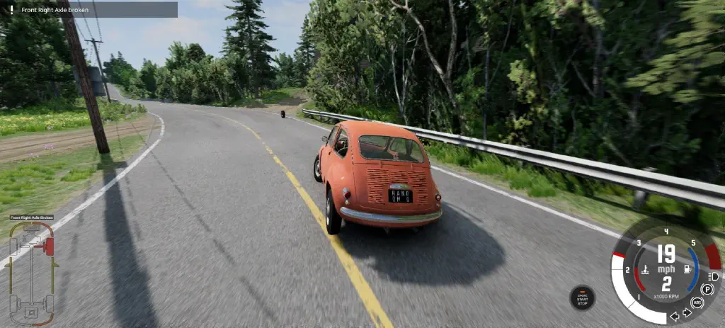A cute little orange car driving on a scenic country road, listing notably to the side; in the distance, a car tire is rolling away