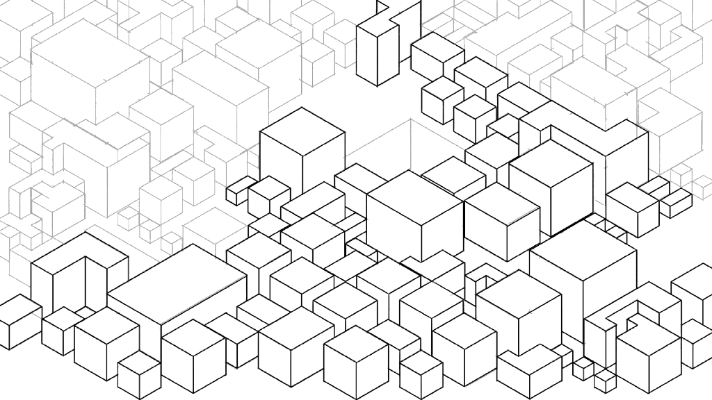Isometric perspective cityscape drawing in progress 