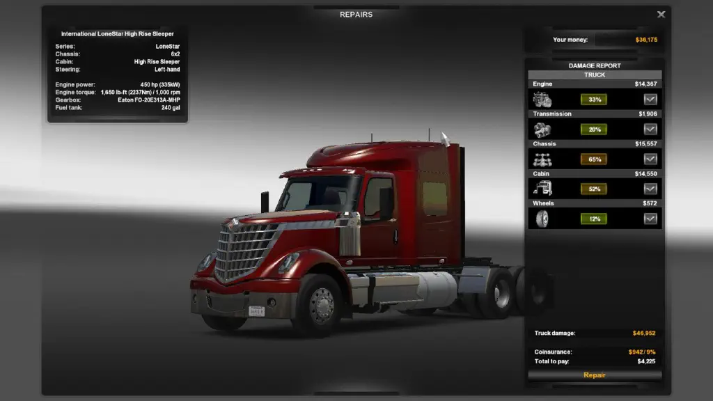 Game screenshot indicating $46,952 to repair the damage that happened to my truck over the last haul.