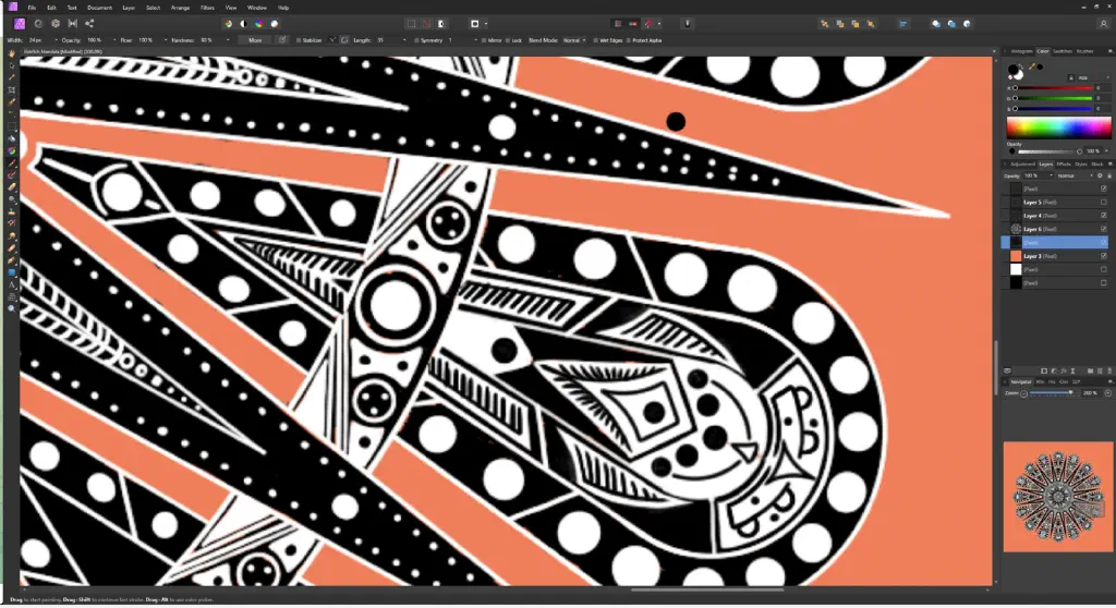 Affinity Photo screenshot zoomed in on a detail of a black and white image with sort of a salmon background, and many salmon patches in the drawing that need to be black or white